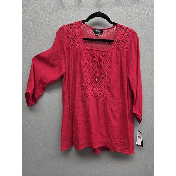 AGB Blouse Womens Large Red Lace Crochet Tunic Top 3/4 Sleeve Boho Peasant NWT - Picture 1 of 14